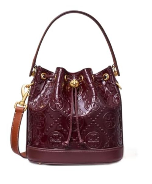 Tory Burch 135826 T Monogram Albarossa Wine Purple With Gold Hardware Patent Embossed Women's Bucket Bag