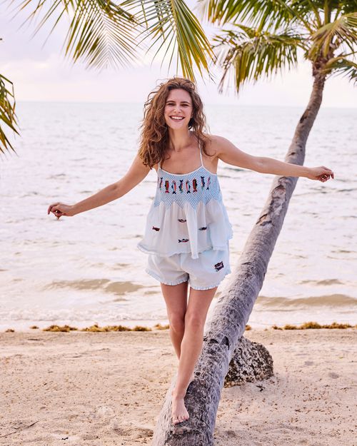 Organic Cotton Smoked Embroidered Top & Shorts Pajama Set in Retro Sardines | Women's XL | Blue | Summer Sleepwear