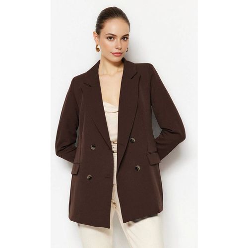 WOVCOR Women's Oversized Double-Breasted Tailored Woven Blazer Jacket in Brown