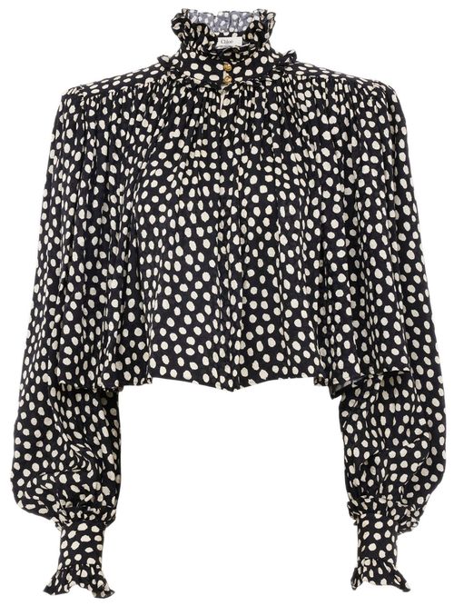 Chloé High-Neck Dotted Silk Shirt with Rounded Shoulders and Gold-Tone Buttons