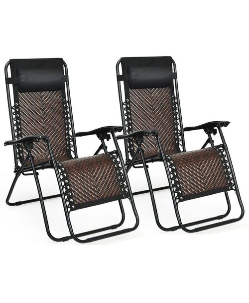 2 Pieces Folding Patio Rattan Zero Gravity Lounge Chair - Light brown