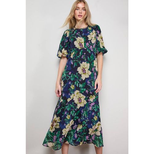 Oasis Women's Puff Sleeve Trim Detail Panelled Tea Dress in Navy