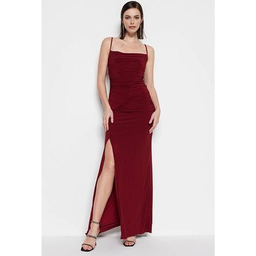 Wovcor Ruched Strappy Maxi Dress With Front Split Detail In Burgundy