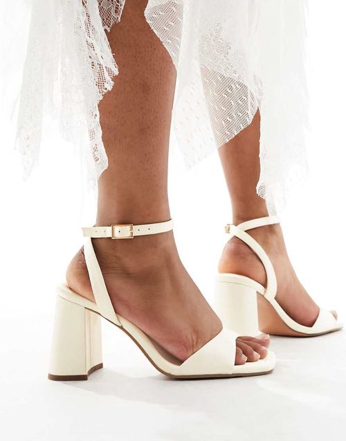 ASOS DESIGN Hotel barely there block heeled sandals in ivory satin-White