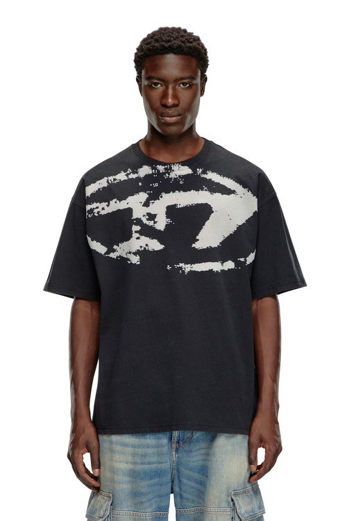T-shirt with distressed flocked logo - T-Shirts - Man - Black