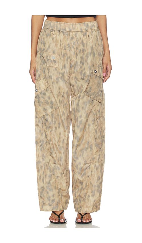 Ganni Printed Flyweight Nylon Relaxed Elastic Pant in Beige. 34. Also