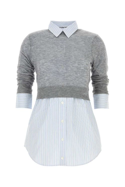 Mixed-Media Knit and Shirt Blouse — Gray