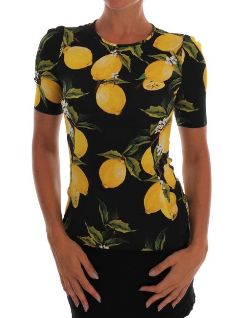 Lemon-Print Silk Stretch Blouse — Black