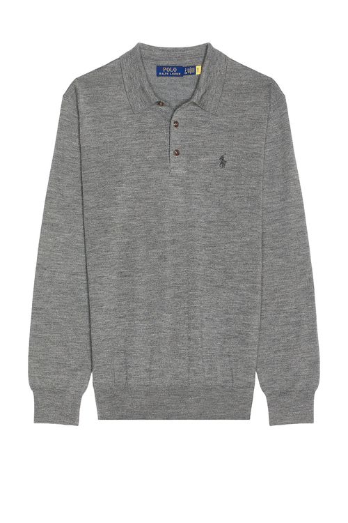 Polo Ralph Lauren Merino Wool Button Placket Polo Sweater in Fawn Grey Heather - Grey. XL/1X also in