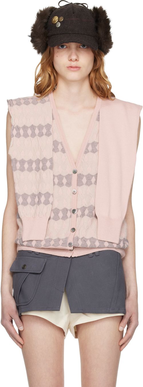 Pink Jacquard Sleeve Layered Cardigan Vest