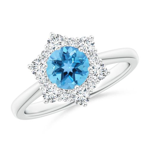Angara 0.95 Carat Swiss Blue Topaz and Diamond Floral Halo Engagement Ring in Platinum