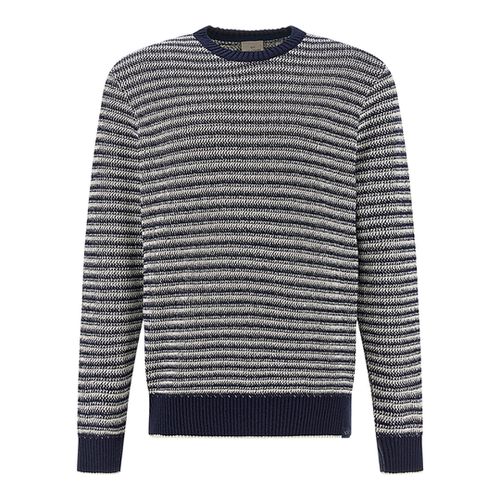 Crew‑neck sweater in bouclé cotton with striped pattern, Man, Whispe White - Dress Blues