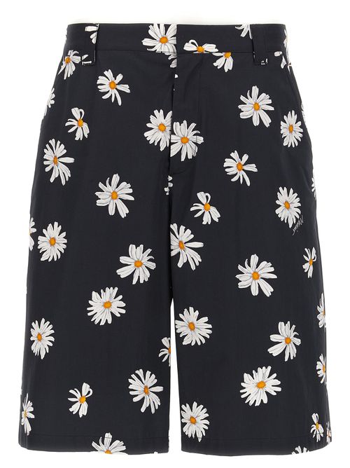 Daisy-Print Cotton Bermuda Shorts — Black