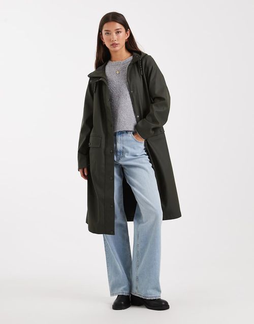 Longline hooded raincoat in peat green