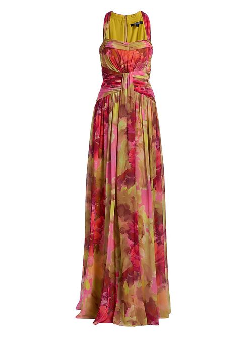 Women's Pleated Floral Chiffon Gown - Pink Multi