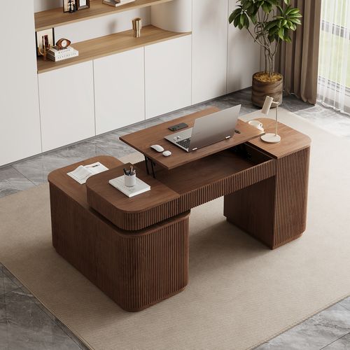 Modern 65" L-Shape Walnut Executive Desk with Lift-Top, Drawers & Cabinet, Right Hand