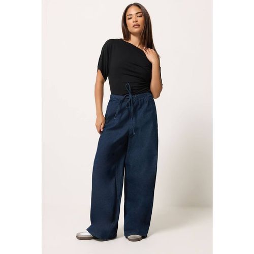 PixieGirl Women's Petite Wide Leg Drawstring Jeans in Blue
