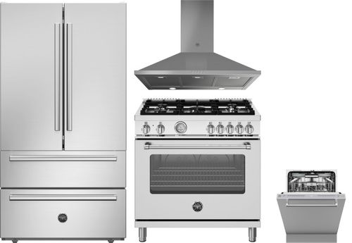 Bertazzoni 4 Piece Kitchen Appliances Package with French Door Refrigerator, Dual Fuel Range and Dishwasher in Stainless Steel BERERADWRH