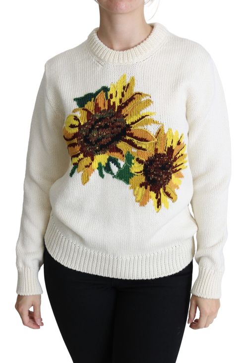 Sunflower-Embroidered Wool Blend Sweater — White