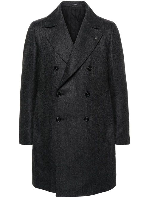 Herringbone-pattern double-breasted coat - Black