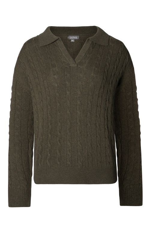 Ladies Mac Lambswool & Cashmere Cable Shirt Neck Jumper, Fir Green