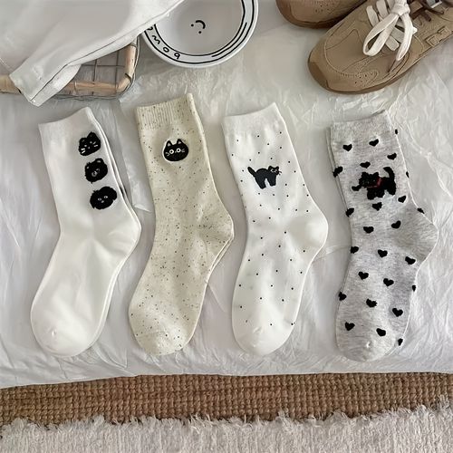 TEMU 4 Pairs Of Socks For Women In Autumn And Winter, Mid-calf Socks, Cute Cartoon Cat For Women