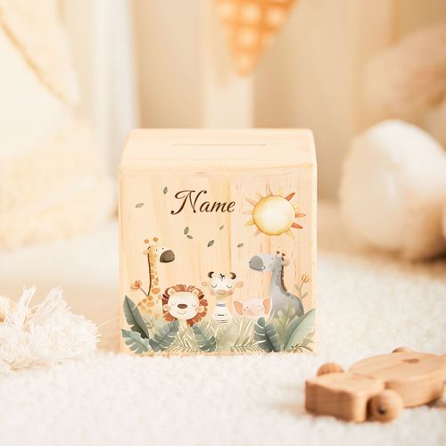 TEMU Banc en bois personnalisé avec animal de - Design , lion, , lapin avec boîte de nom, banc de pièces de monnaie décoratif pour bureau, idéa