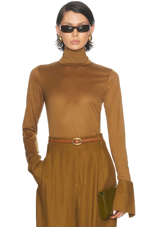 DARKPARK Nora Wool Cuff Long Sleeve Crewneck Top in Khaki - Brown. L also in