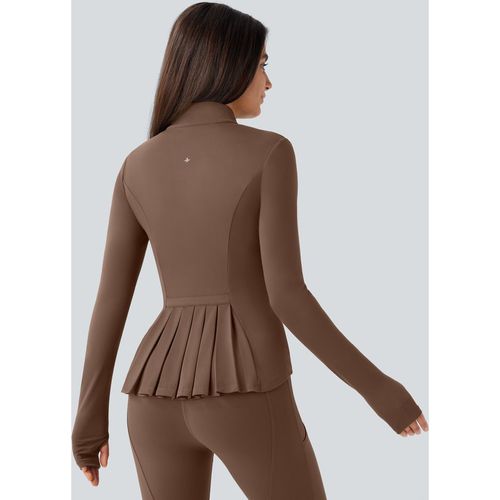 Halara SoftlyZero™ Stand Collar Thumb Hole Pockets Pleated Zipper Slim Jacket - Soft Silt