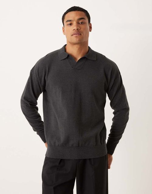 Relaxed long sleeve knitted notch neck polo in charcoal marl-Grey