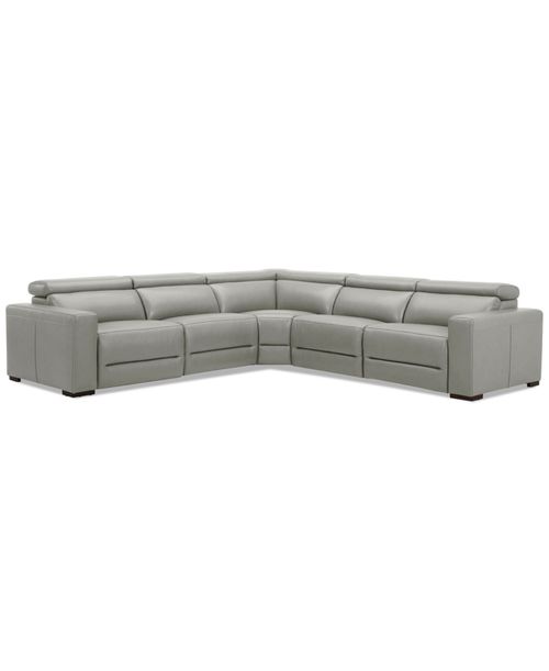"Nevio 124"" 5-Pc. Leather Sectional with 2 Power Recliners and Headrests, Created For Light Grey"