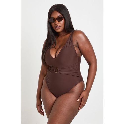 Boohoo Womens Plus Tummy Control O-ring Plunge Swimsuit - Chocolate Polyamide