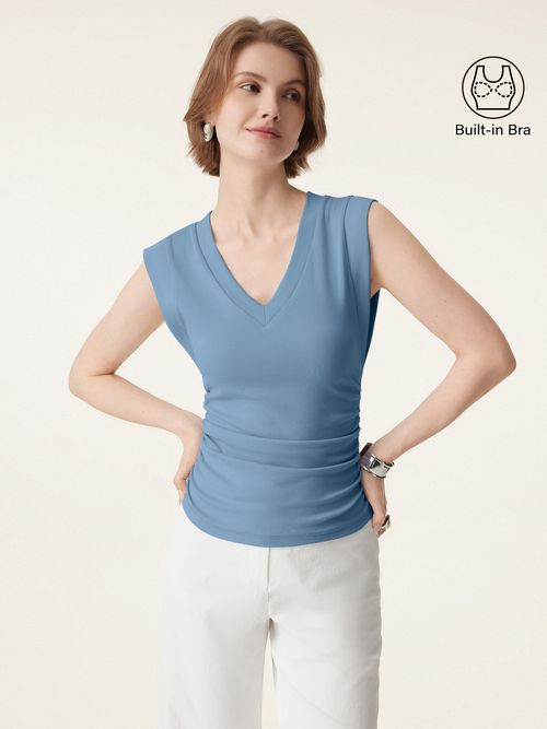 Stretch Cotton V-neck Side Ruched Muscle Brami Top - Dusk Blue