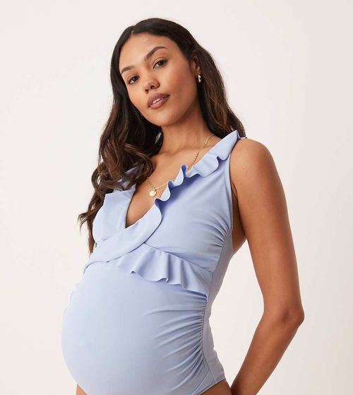 ASOS DESIGN Maternity Maya frill detail swimsuit in blue
