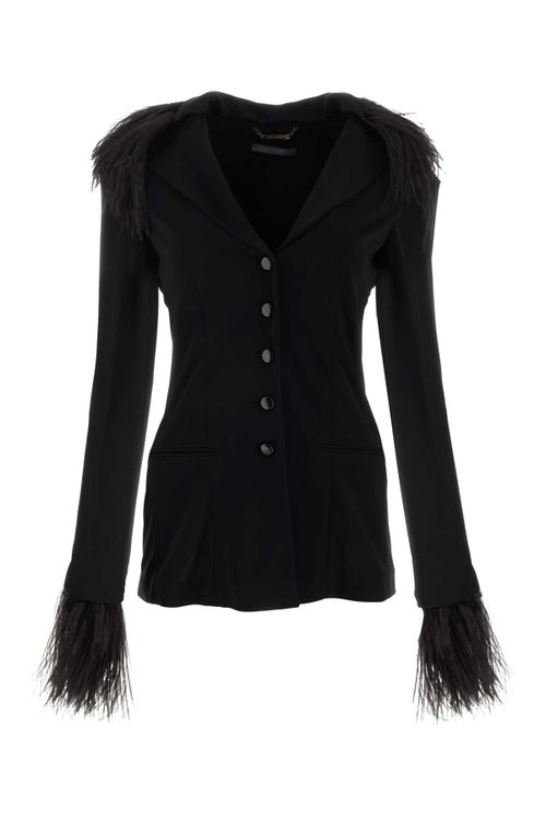 Feather-Trimmed Crepe Blazer — Black