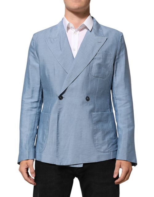 Linen-Nylon Double-Breasted Blazer — Blue