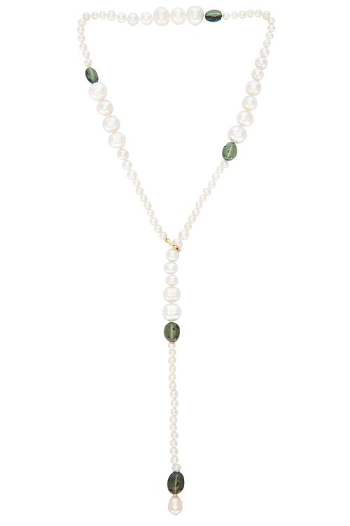 Loren Stewart Poet Lariat Necklace in 14k Yellow Gold Tourmaline Beads & Freshwater Pearls - Ivory. a
