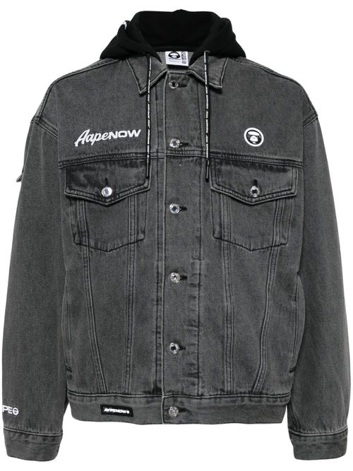 Logo-appliqué hooded denim jacket - Black