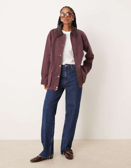 Mid length contrast collar waxed barn jacket in burgundy-Red