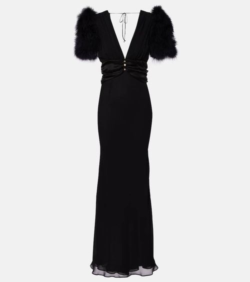 Feather-trimmed silk georgette gown
