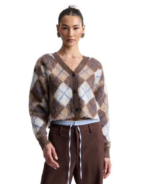 Women's Argyle Jacquard Cardigan - Brown Argyle