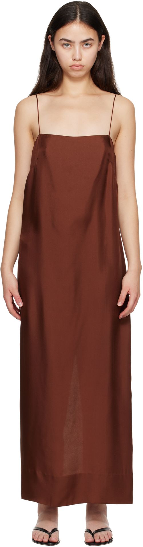 Brown 90s Silk Twill Slip Midi Dress