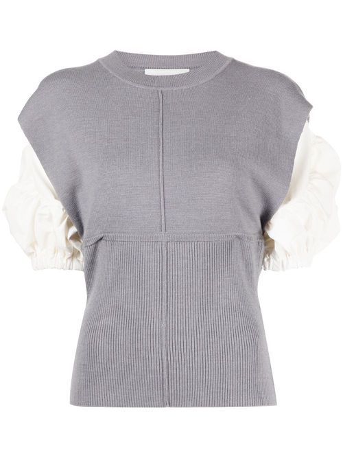 Poplin-combo puff-sleeve top - Grey