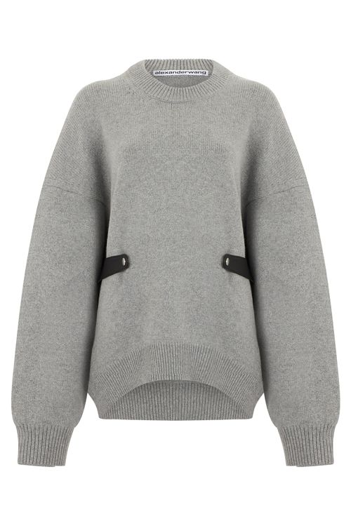 Leather-Trimmed Wool Sweater — Gray
