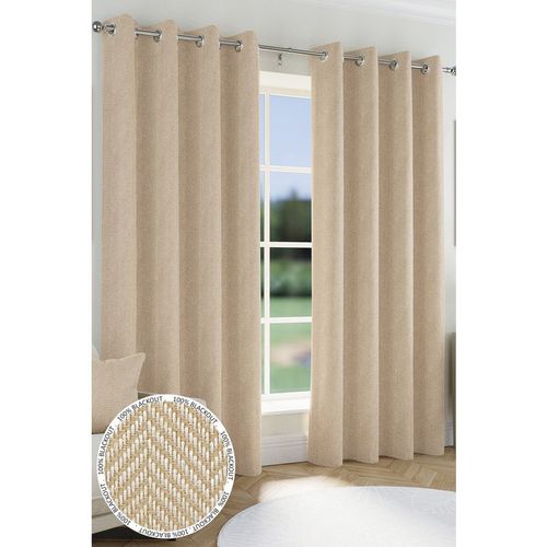 'Chester' Natural Herringbone Jacquard Eyelet Blackout Curtains Pair