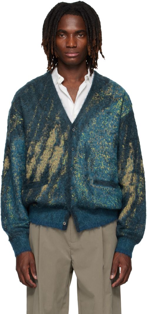 Blue & Green Abstract Jacquard Mohair Cardigan