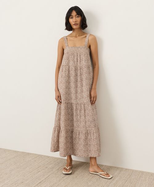 Women's Block Print Driftwood Brown Coastal Double Gauze Strappy Tiered Maxi Dre