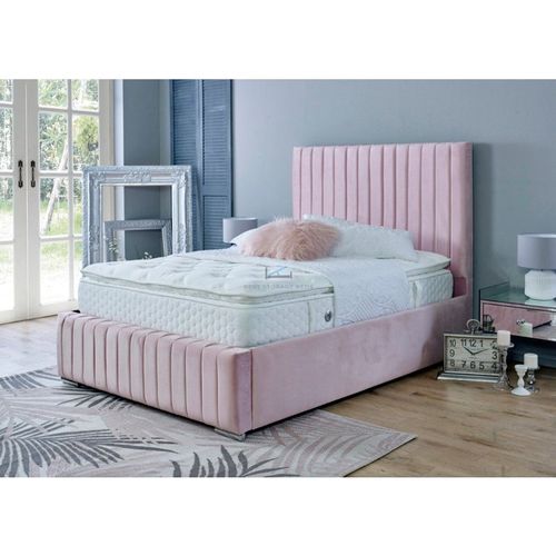 Savoy Pink Panel Line Design Upholstered Soft Velvet Bed