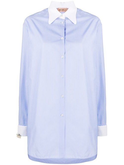 Pinstriped long-line shirt - Blue
