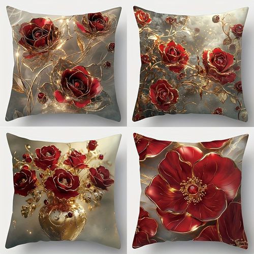 TEMU /4pcs Red Floral Elegant Rose Pattern Single Side Decor Sofa Pillow Cover Square Polyester Pillow Cover Modern Sofa Decor Cushion Cover